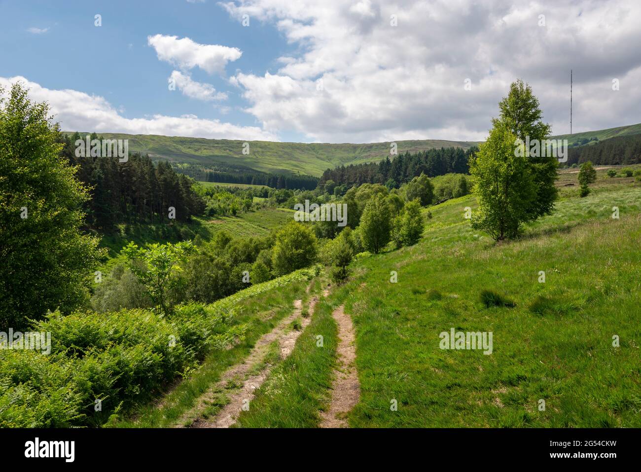 Pfad über Stauseen zwischen Holmfirth und den Pennine Hills in West Yorkshire, Nordengland. Holme Moss im Hintergrund. Stockfoto