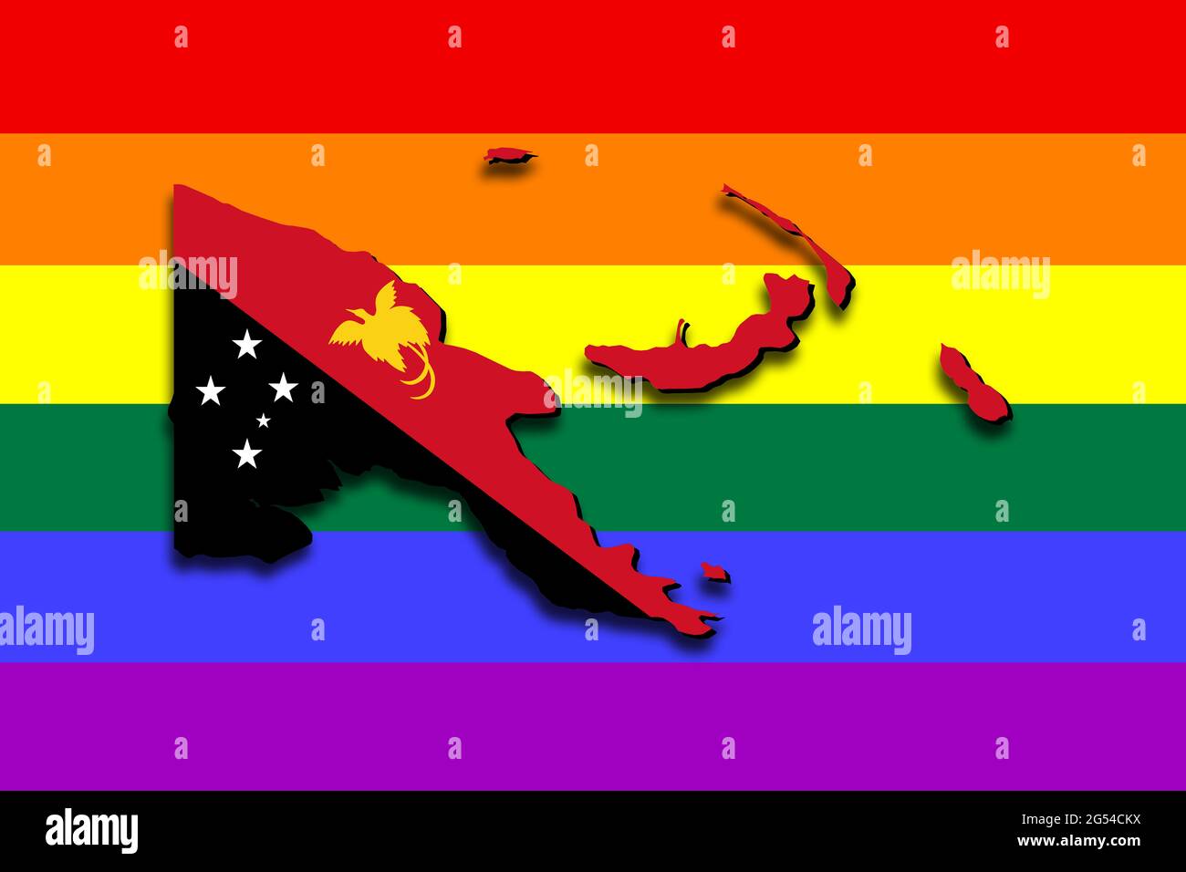 Papua-Neuguinea skizziert eine Karte mit der Nationalflagge an den Grenzen. 3D-Grafik, die Schatten auf die LGBT-Flagge im Hintergrund wirft Stockfoto