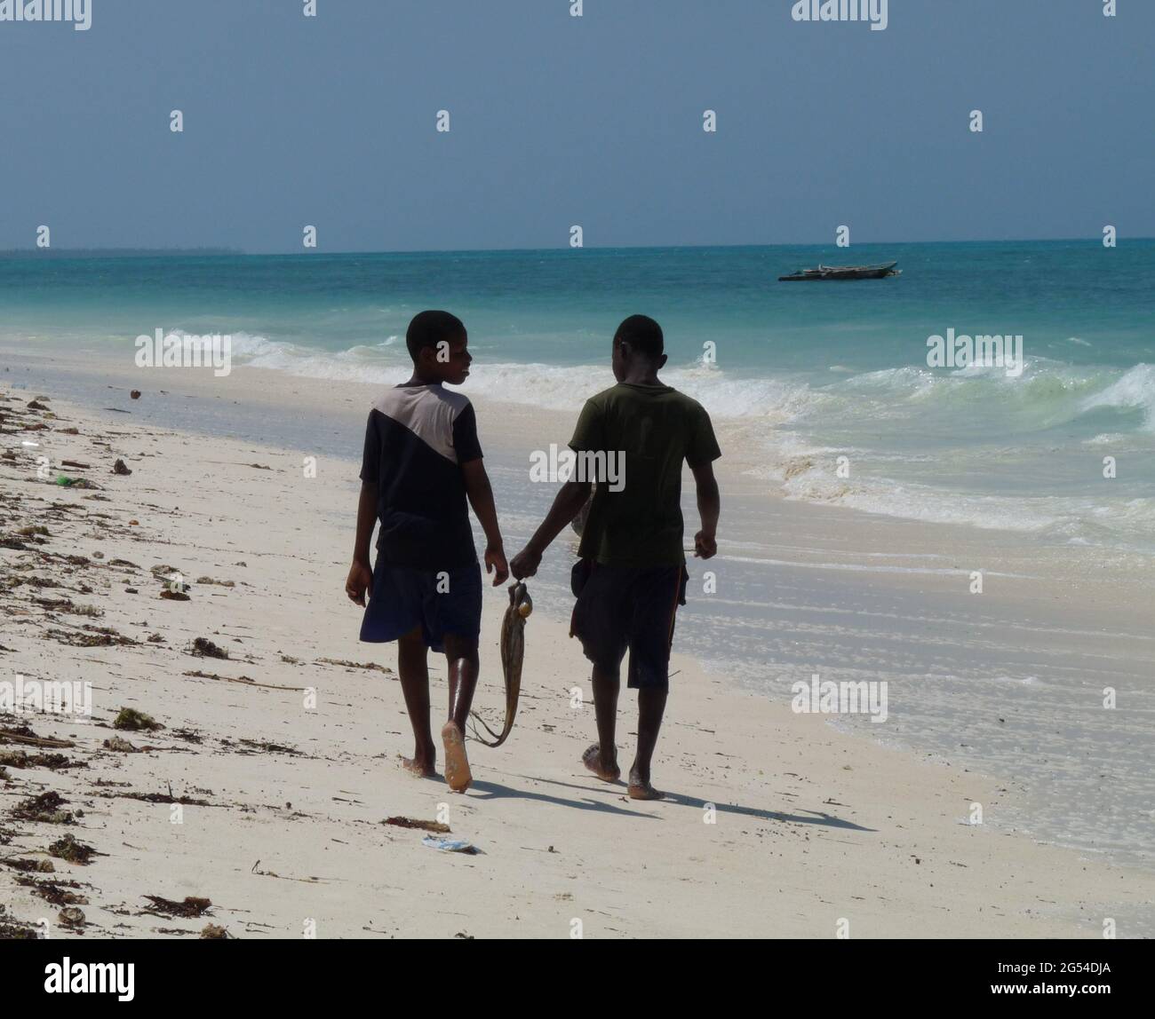 Zwei afrikanische Jungen an einem atemberaubenden Strand in Sansibar mit Fisch, den sie gefangen haben Stockfoto