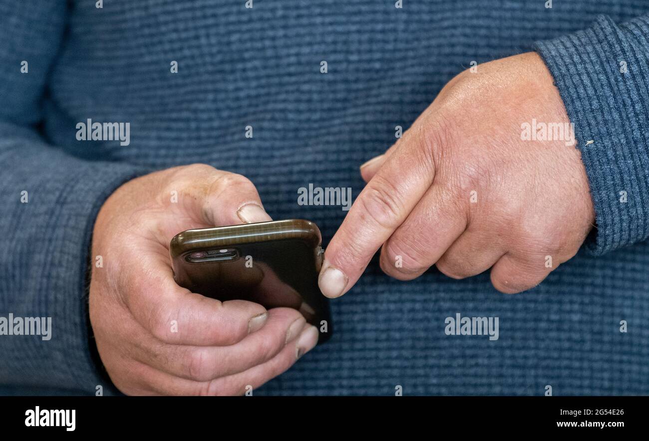 Landwirt, der sein Mobiltelefon bei einem Viehmarkt in Cumbria, Großbritannien, verwendet. Stockfoto