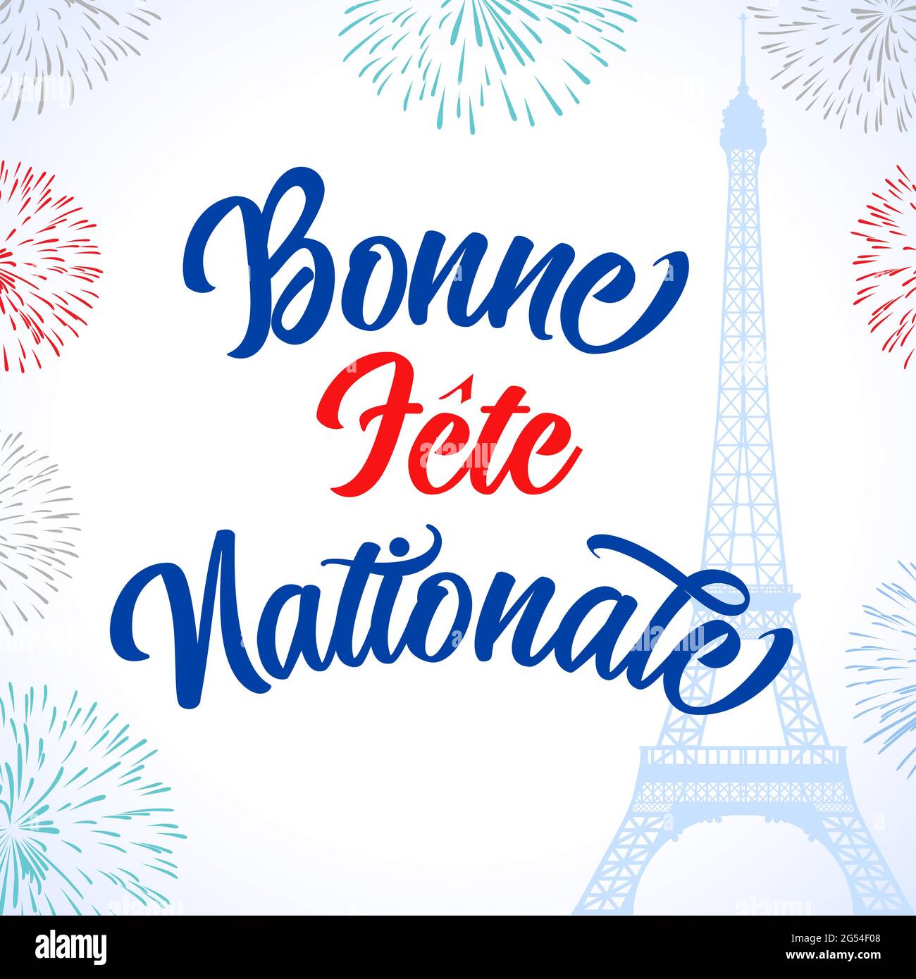 Bonne fete nationale Französischer Lettering-Text, übersetzt Happy National Day. Feiern Sie den Bastille-Tag, ein Banner für Frankreich-Urlaub mit Eiffelturm Stock Vektor