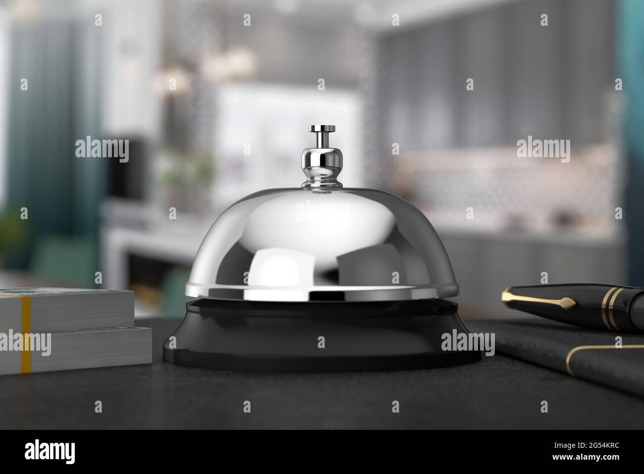 Empfang Ring Alarm Service Bell auf einem Tisch extreme Nahaufnahme. 3d-Rendering Stockfoto
