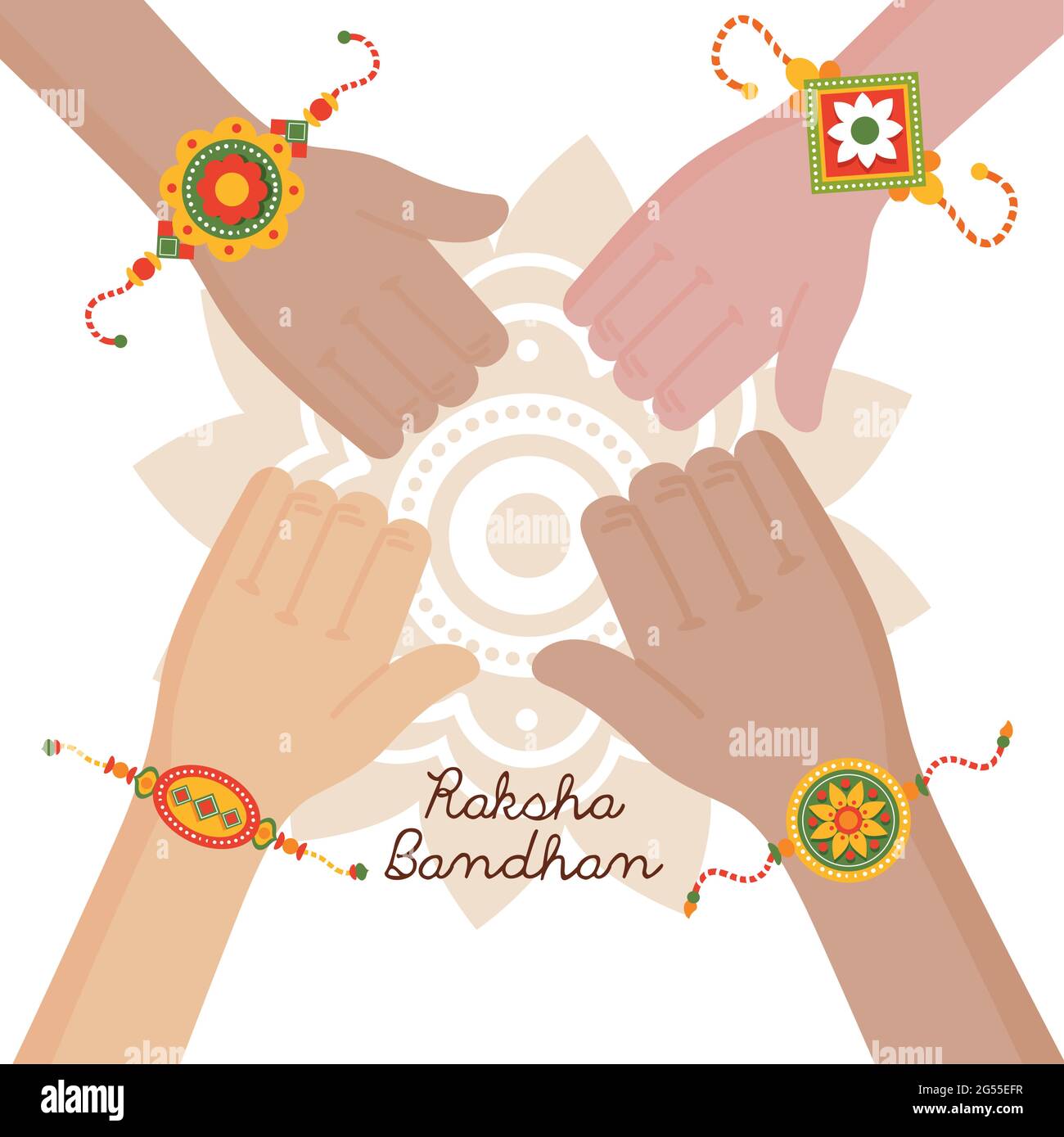 Hände mit raksha bandhan-Armband auf weißem Hintergrund Stock Vektor