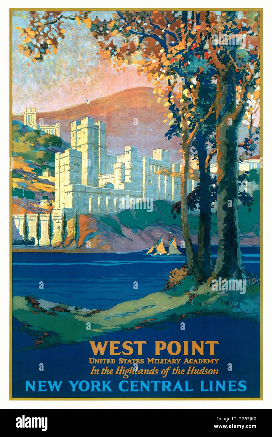 West Point. United States Military Academy in den Highlands of the Hudson. New York Central Lines von Frank Hazell (1883-1957). Restauriertes Vintage-Poster, das 1927 in den USA veröffentlicht wurde. Stockfoto