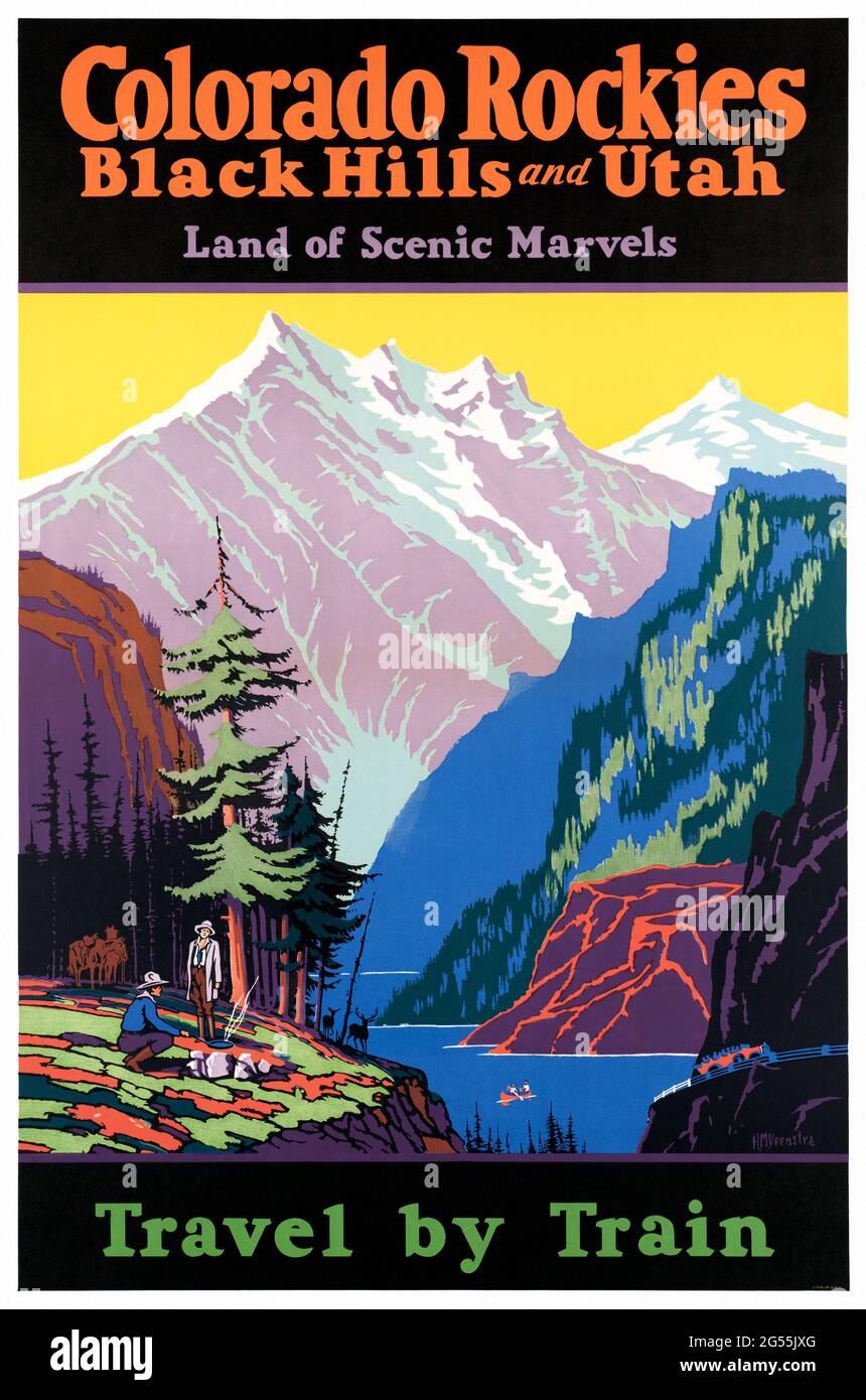 Colorado Rockies. Black Hills und Utah. Land der landschaftlichen Wunder. Mit dem Zug von HM (Harry) Veenstra (1880-1977)​. Restauriertes Vintage-Poster, das 1930 in den USA veröffentlicht wurde. Stockfoto