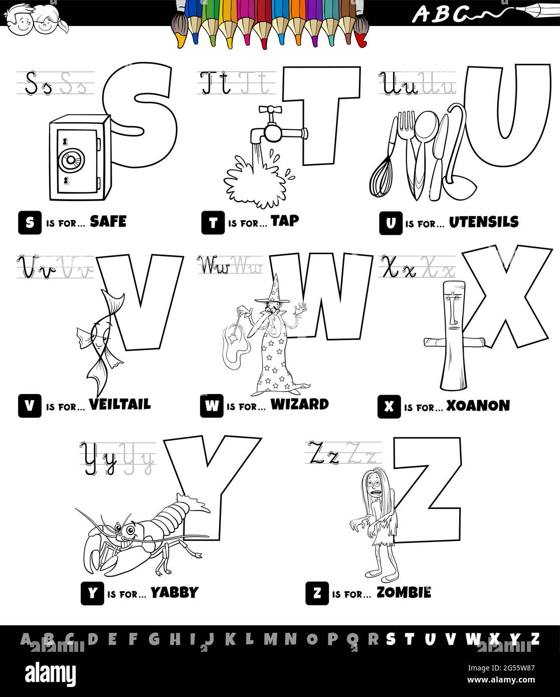 Schwarz-Weiß-Cartoon-Illustration von Großbuchstaben Alphabet pädagogisch Set für Lese- und Schreibpraxis für Kinder im Grundalter Von S t Stock Vektor