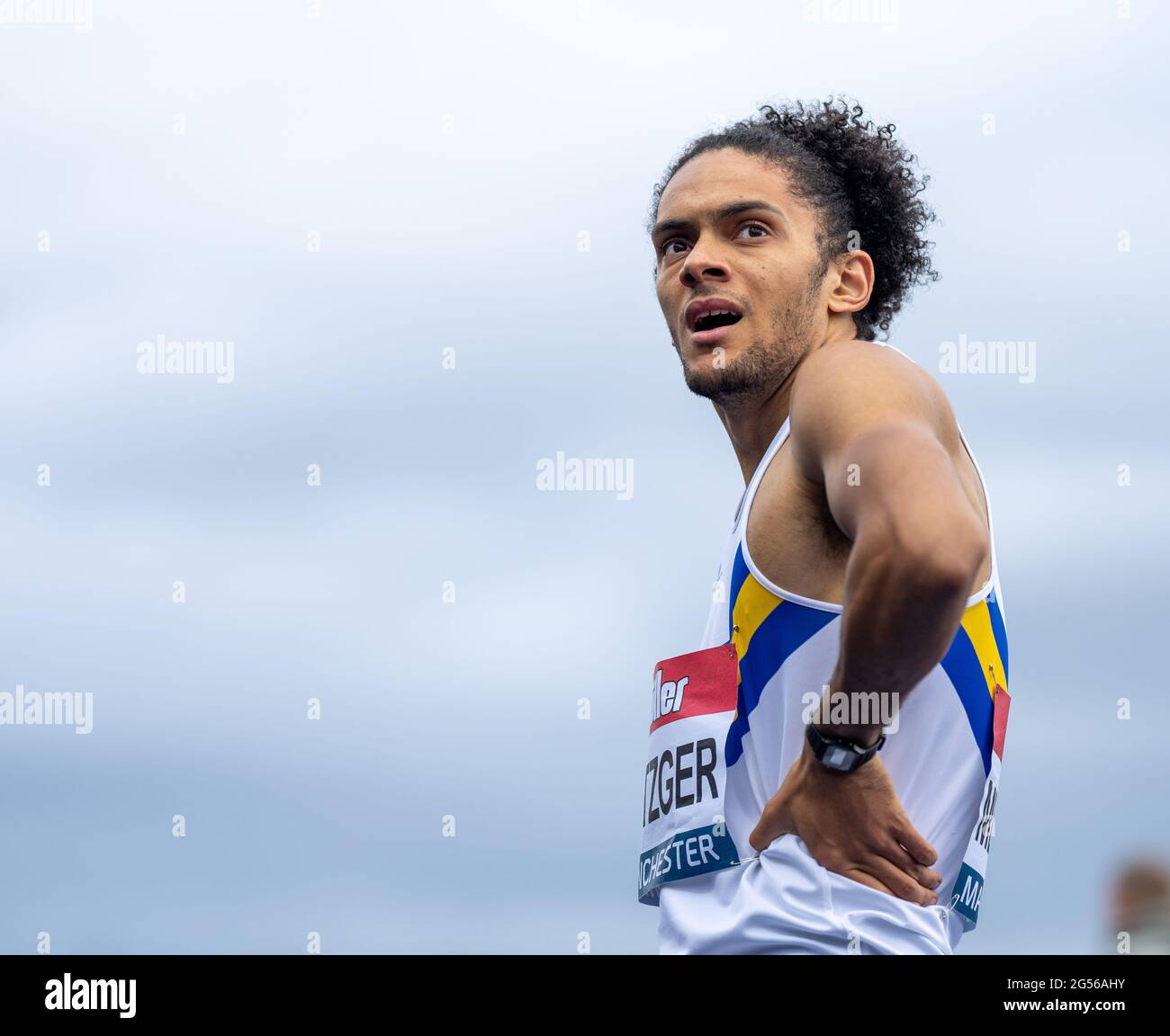Manchester, Großbritannien. Juni 2021. 25. Juni 2021; Manchester Regional Arena, Manchester, Lancashire, England; Muller British Athletics Championships; Kevin Metzger nach den 400-m-Vorläufen der Herren Credit: Action Plus Sports Images/Alamy Live News Stockfoto
