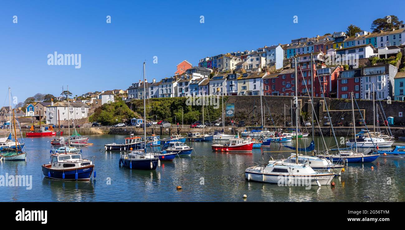 Farbenfrohe Häuser mit Blick auf den Innenhafen von Brixham im Süden von Devon. Stockfoto