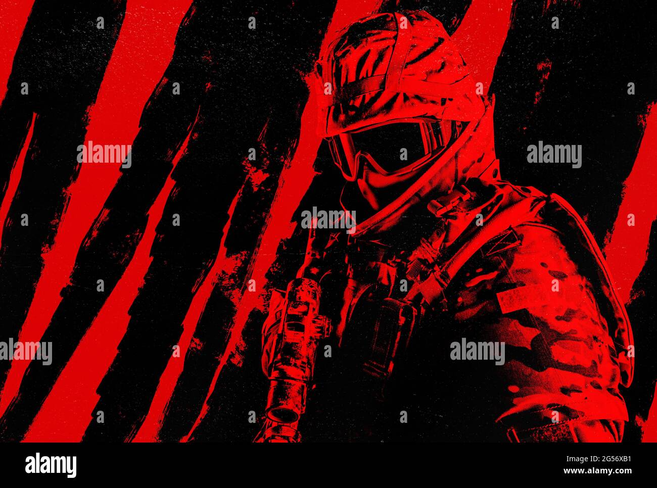 Rot und schwarz grunge aufgestanztes Foto des Soldaten in gepanzerter Kleidung mit Gewehr auf rotem Hintergrund. Stockfoto