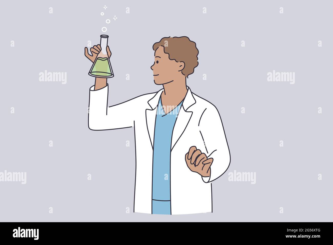 Wissenschaftliche Forschung und Chemie Konzept. Junge positive Wissenschaftler Chemiker in der Arbeit einheitliche Cartoon-Figur stehend Durchführung wissenschaftlicher Experimente im Labor Vektor-Illustration Stock Vektor