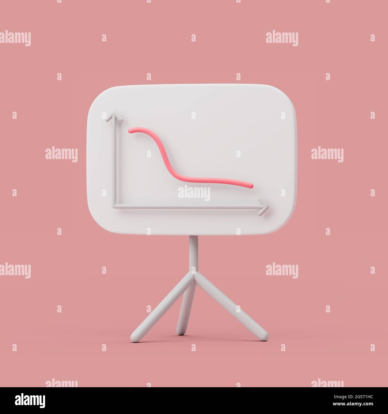 Abwärts gegrabte Linie auf Whiteboard. Einfache 3d-Renderdarstellung auf pastellfarbenem Hintergrund. Stockfoto
