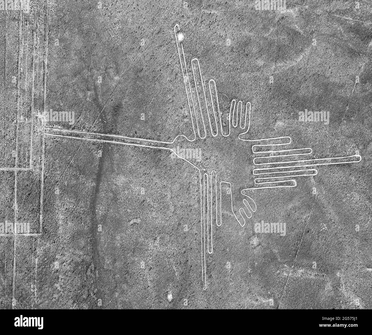 Hummingbird Geoglyphe schwarz und weiß gefärbt, Nazca geheimnisvolle Linien und Geoglyphen Luftbild, Wahrzeichen in Nasca, Peru Stockfoto