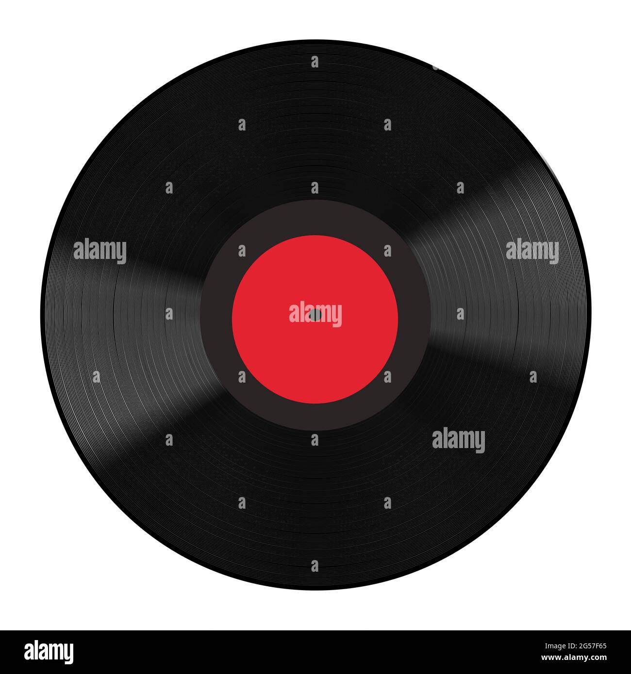 Ein schwarzes Vinyl-Album mit 33 1/3 U/min und einem roten Label ist in dieser 3-d-Illustration zu sehen. Stockfoto