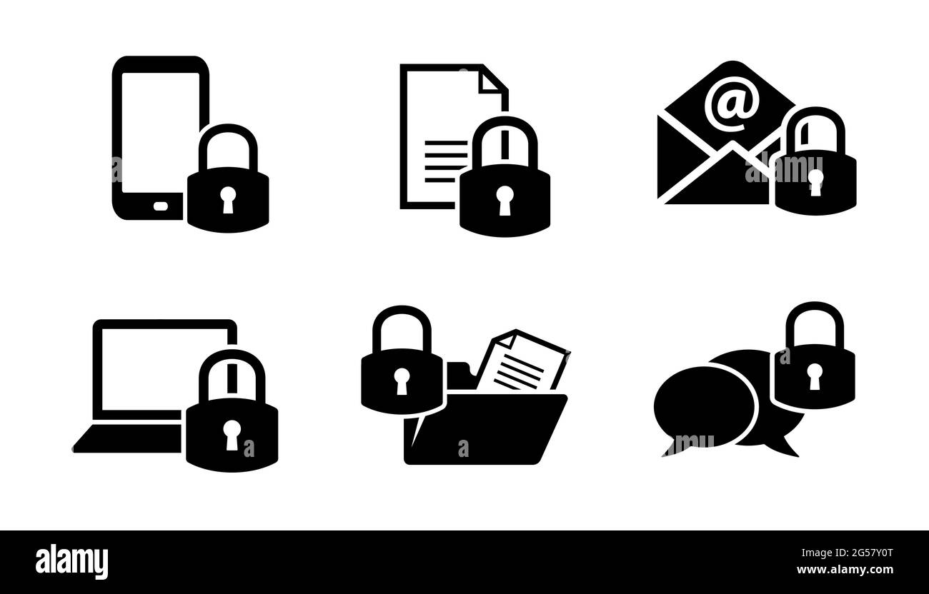 Verschlüsselungssymbole für digitale Daten- und Kommunikationssicherheit mit Vorhängeschloss-Symbolen, Vektorgrafik, Symbolsatz Stock Vektor