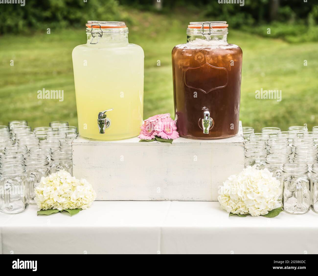 Zwei große Glasbecher Limonade und Eistee mit Gläsern und Hortensien bei einer Veranstaltung im Freien. Stockfoto