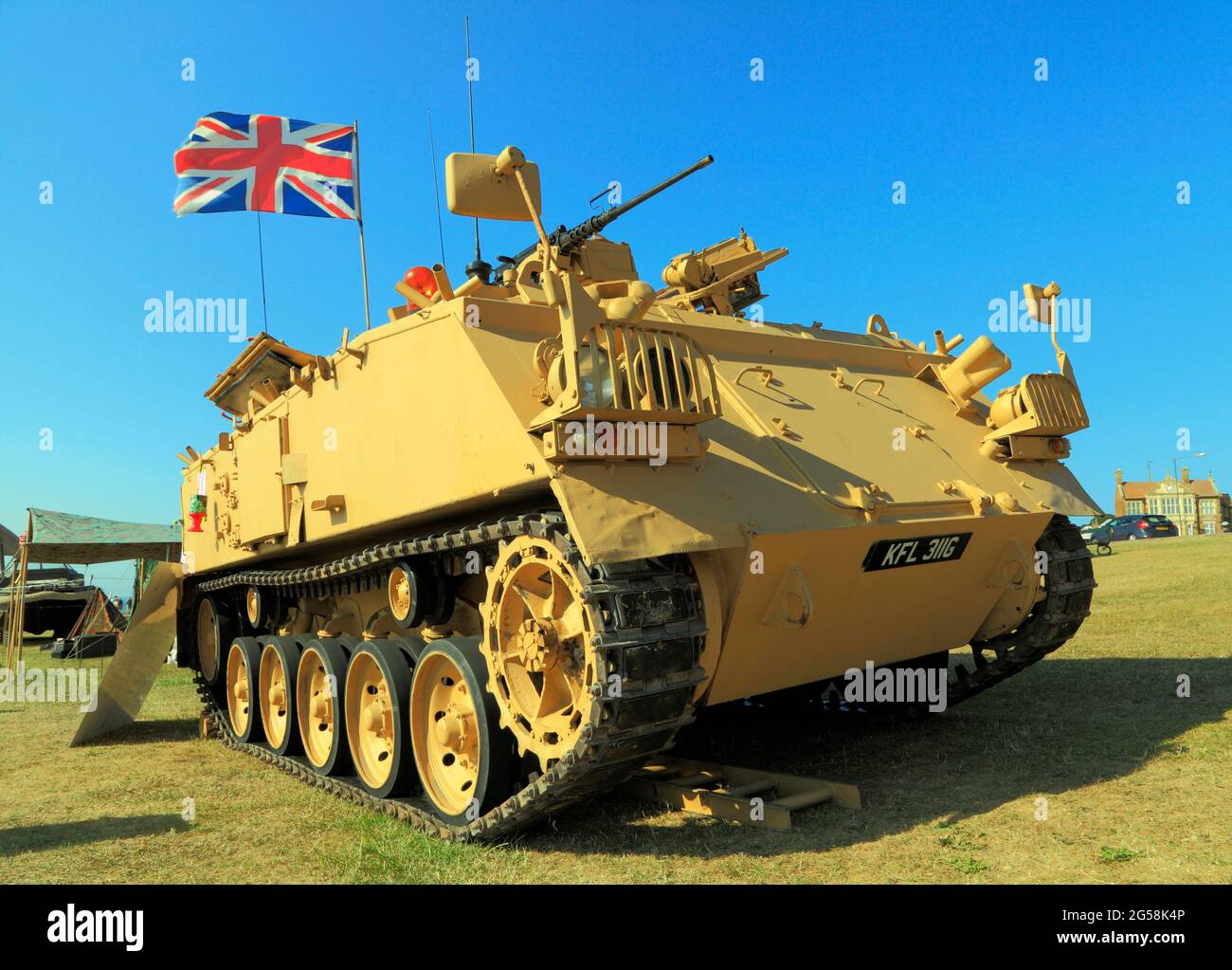 Britischer 432 Panzer, Militärfahrzeug, diente im 1. Irakkrieg, Konflikt, Fahrzeuge, Panzer, Union Jack Flagge Stockfoto