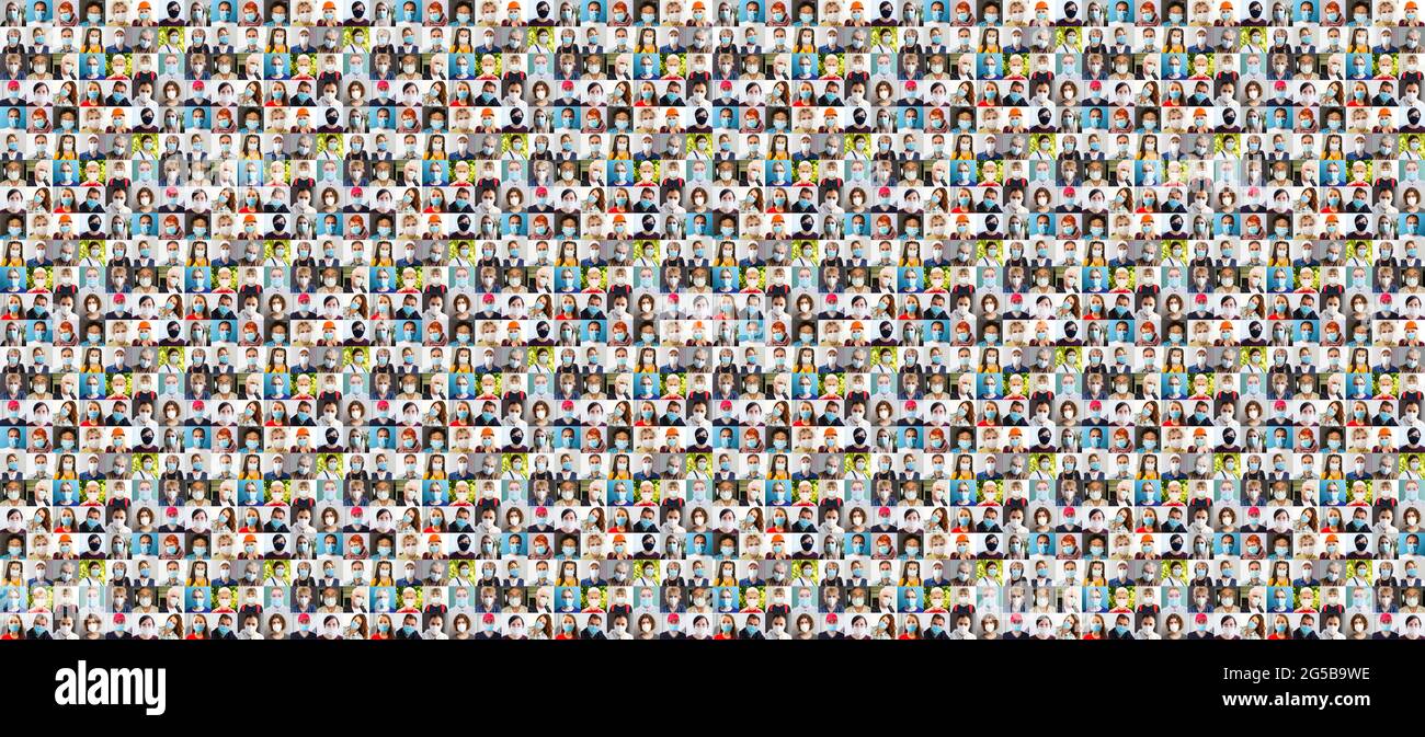 Hunderte von multirassischen Menschen Menschenmenge Porträts Kopfaufnahmen Sammlung, Collage Mosaik. Viele viele multikulturelle verschiedene männliche und weibliche lächelnde Gesichter Stockfoto