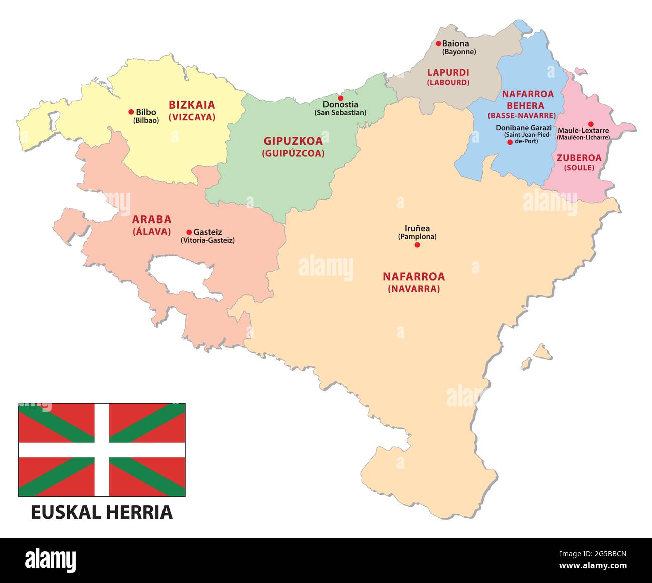 Verwaltungskarte des französischen und spanischen Teils des baskenlandes mit Flagge Stock Vektor