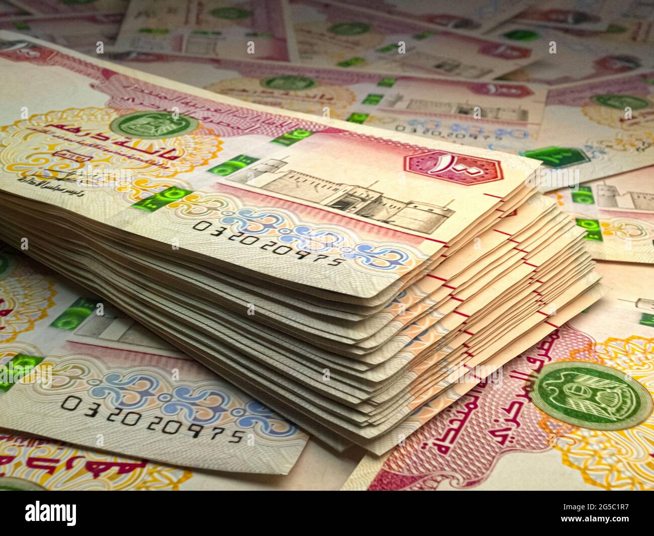 Geld der Vereinigten Arabischen Emirate. Dirham-Rechnungen der Vereinigten Arabischen Emirate. AED-Banknoten. 100 Dirham. Handel, Finanzen, Nachrichten Hintergrund. Stockfoto