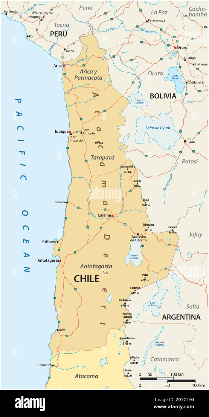 vektorroads Karte der Atacama Wüste im Norden Chiles Stock-Vektorgrafik