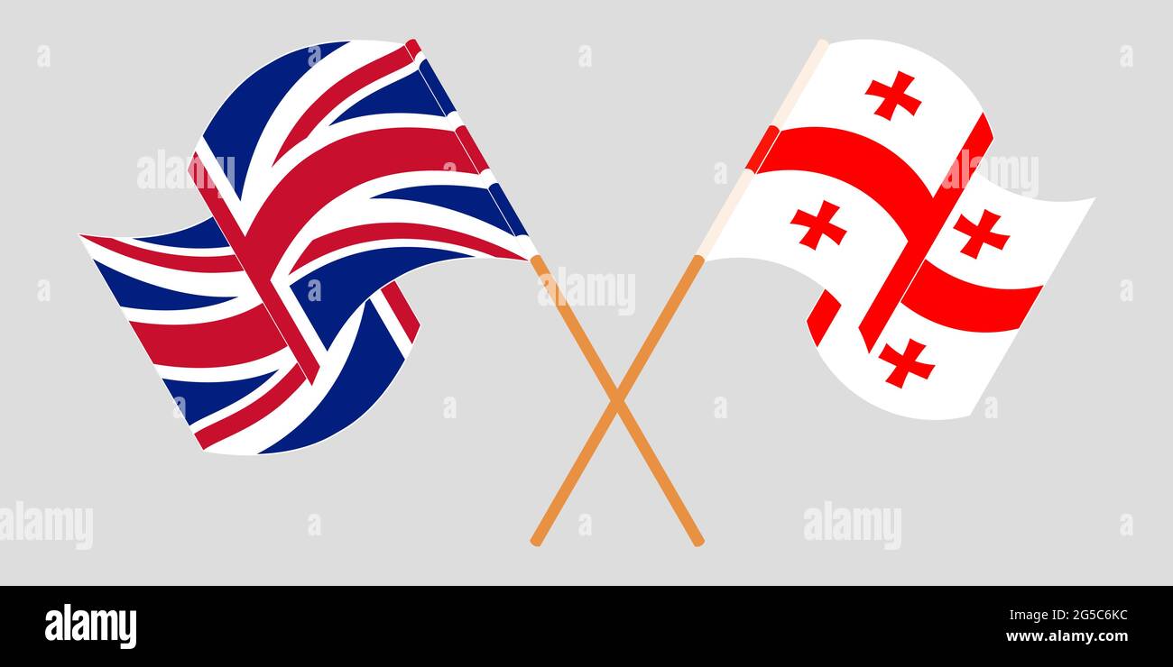 Gekreuzte und winkende Flaggen von Georgien und Großbritannien. Vektorgrafik Stock Vektor