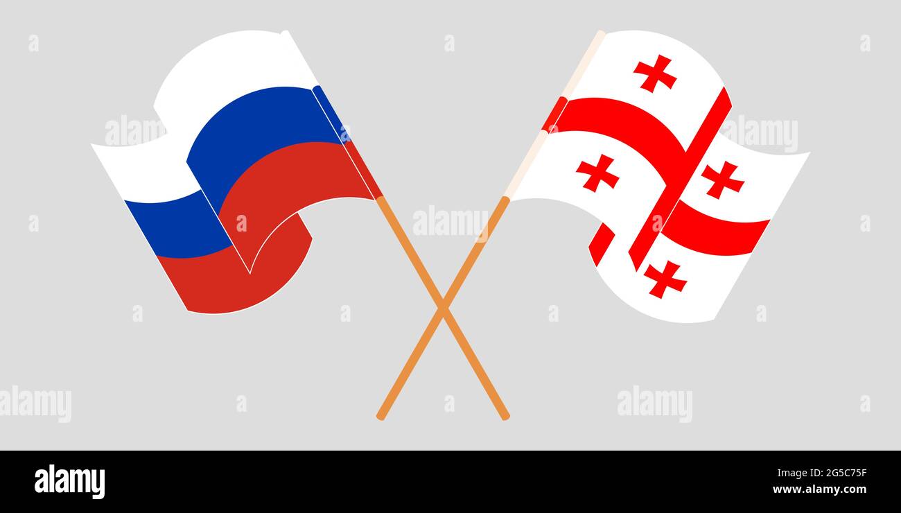 Gekreuzte und winkende Fahnen Georgiens und Russlands. Vektorgrafik Stock Vektor