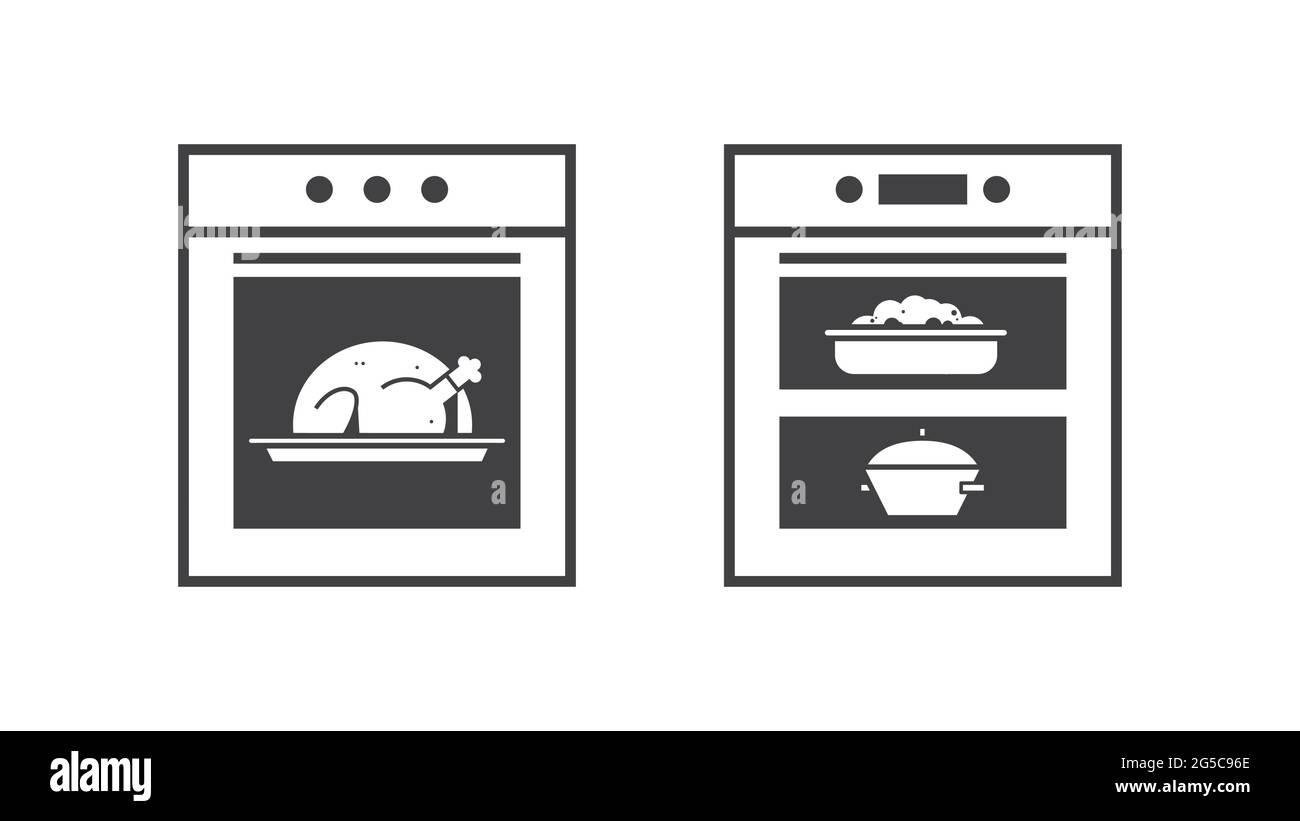 Küche Herd Linie Icon Backofen mit Mahlzeiten im Hausgerät Konzept horizontal Stock Vektor