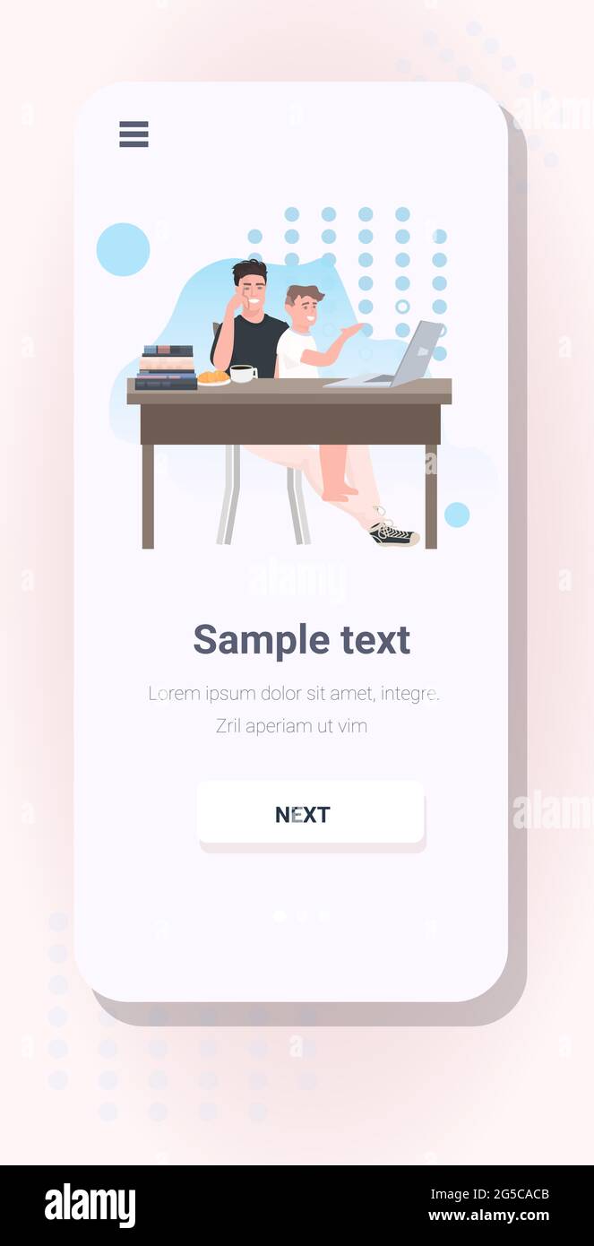 Vater mit Sohn, der am Arbeitsplatz mit einem Laptop sitzt und Zeit verbringt Zusammen während der Quarantäne des Coronavirus Stock Vektor