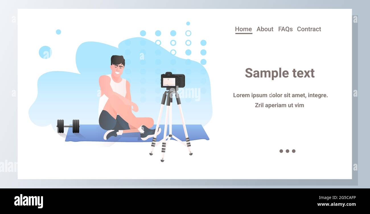 Männlicher Fitnesstrainer, der Videoblog mit Kamera auf Stativ aufzeichnet, live Streaming Blogging Workout-Konzept Stock Vektor