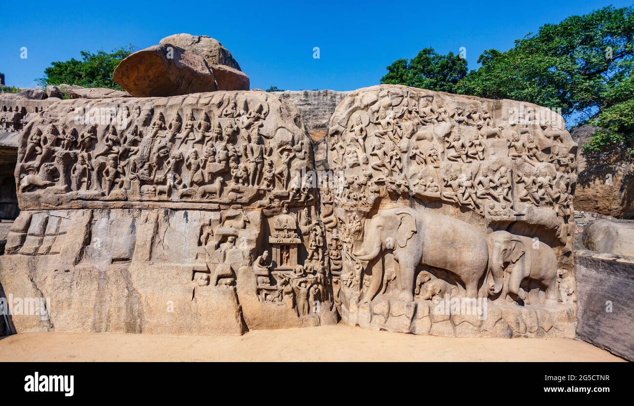 Arjunas Buße in Mamallapuram, einem UNESCO-Weltkulturerbe in Tamil Nadu, Südindien, Asien Stockfoto