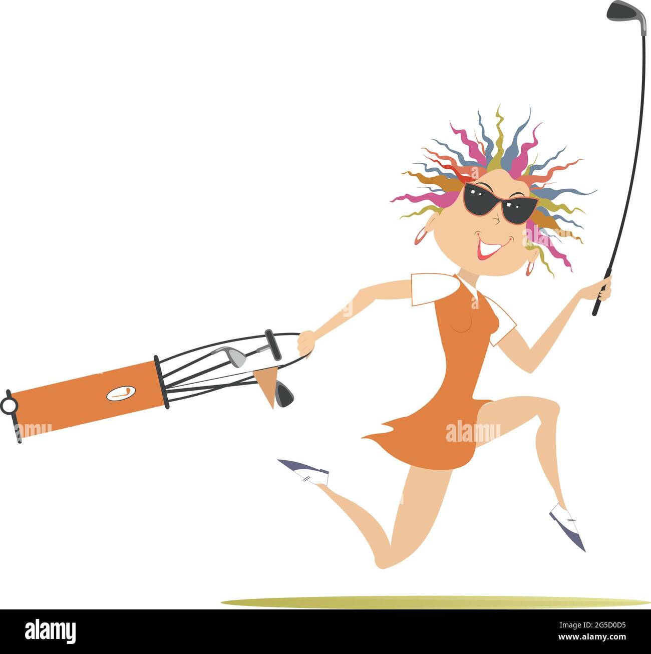 Lächelnde Golferin Frau läuft, um Golf Illustration zu spielen. Cartoon lächelnde Golferin Frau in Sonnenbrille mit Golftasche und Golfschläger läuft auf den Golfplatz ist Stock Vektor