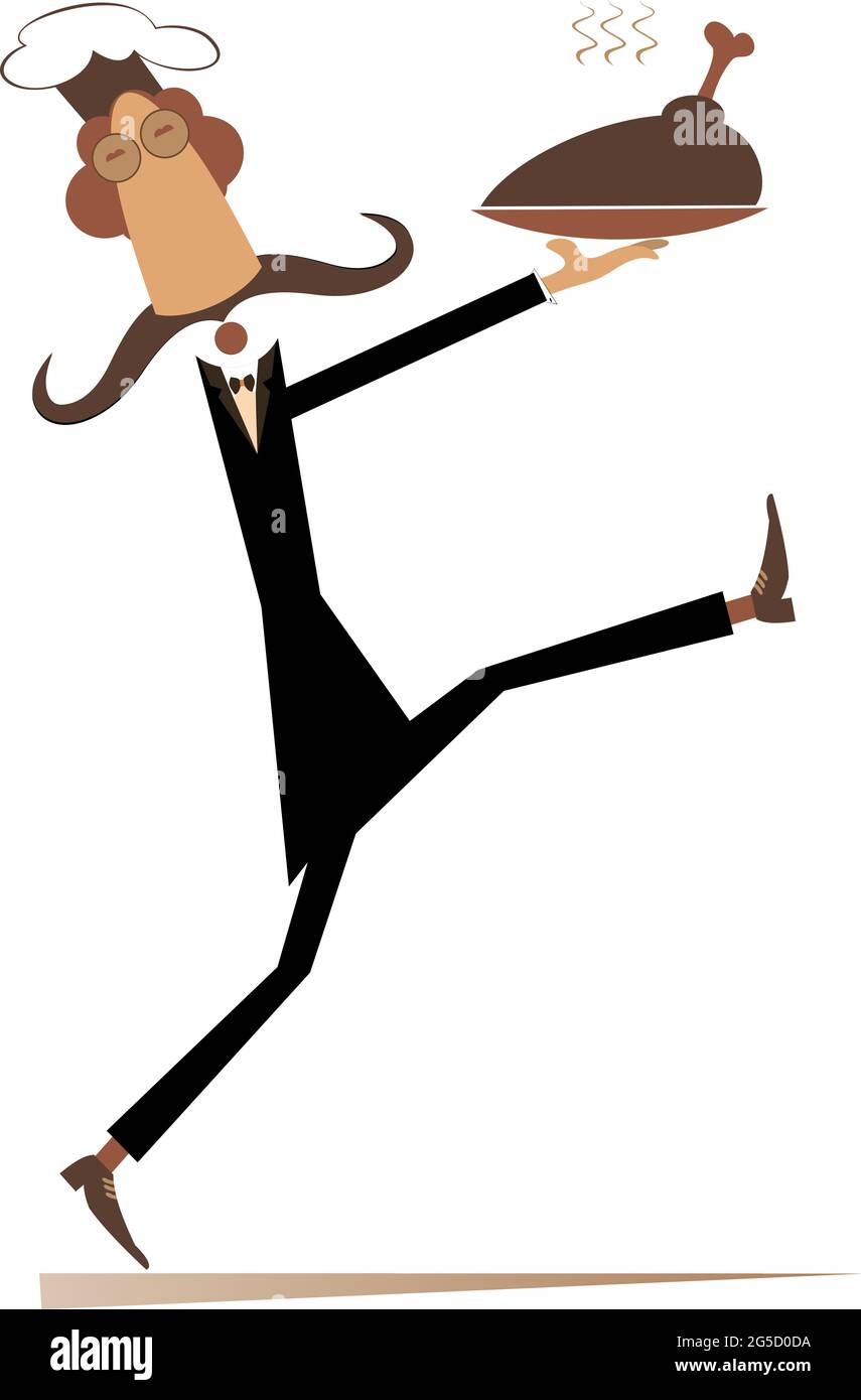 Comic-Koch trägt ein Tablett mit Fleisch Illustration. Ein komischer Koch mit langem Schnurrbart trägt ein Tablett mit gebratenem Fleisch, Ente oder Hühnerbein, das auf Weiß isoliert ist Stock Vektor