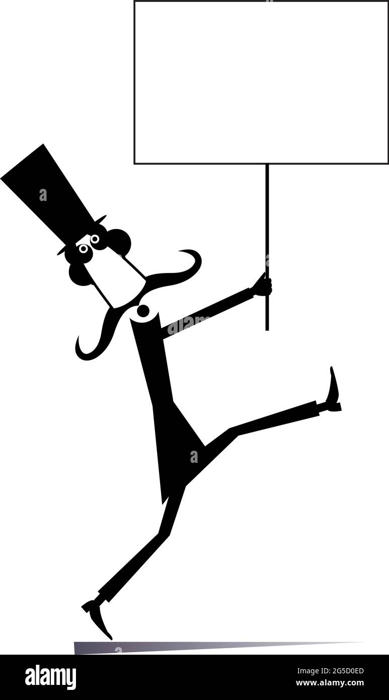 Mann in der Hut hält eine Plakatdarstellung. Cartoon langer Schnurrbart Mann in der Hut hält ein Banner in seinen Händen schwarz auf weiß Stock Vektor