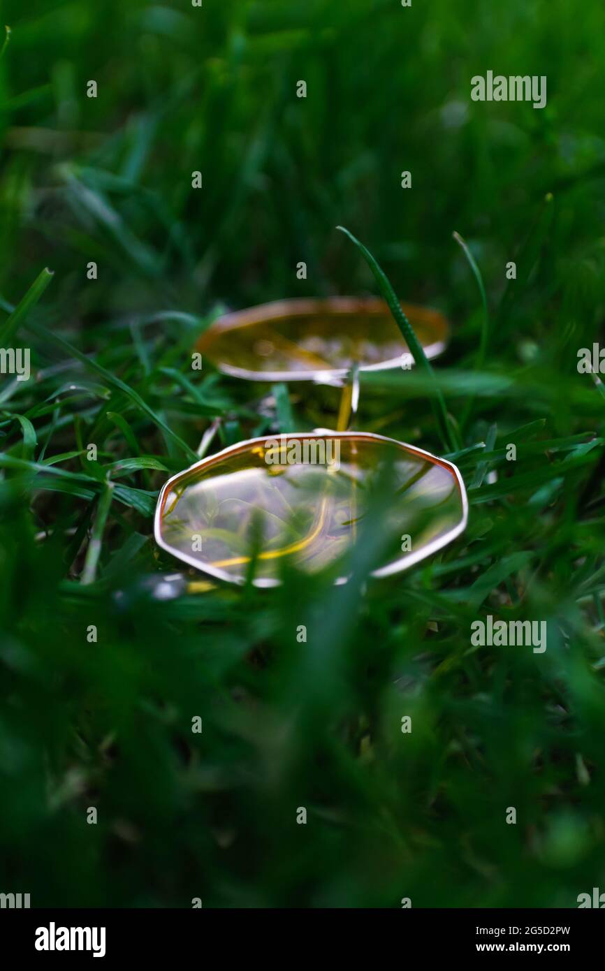 Defokussieren Sie gelbe Sonnenbrillen auf tiefgrünem Gras. Unscharfer grüner natürlicher Hintergrund. Vertikal. Sommerkonzept „Relax“. Seitenansicht. Nicht fokussiert Stockfoto