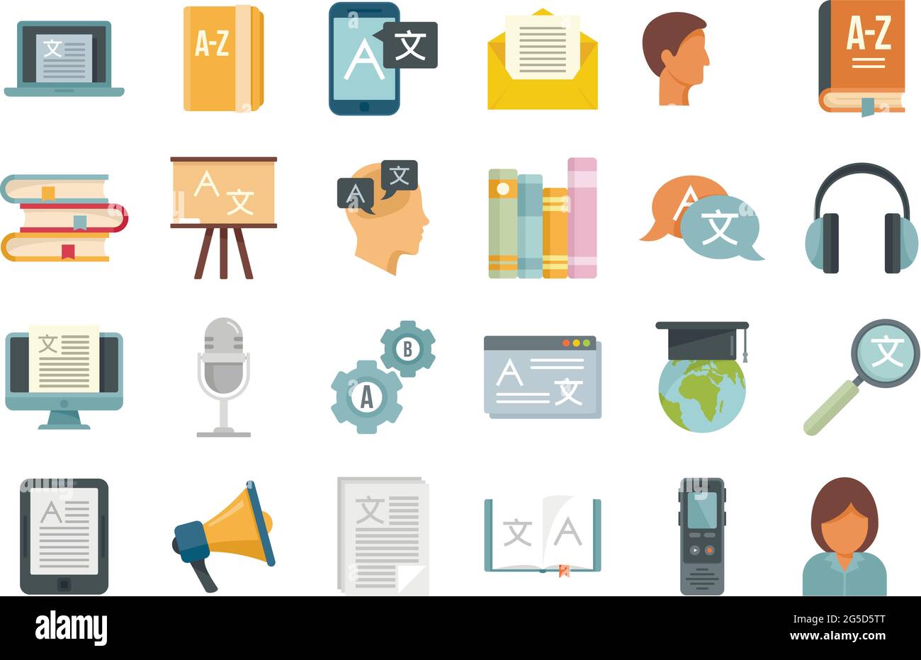 Linguistische Symbole setzen einen flachen Vektor isoliert Stock Vektor