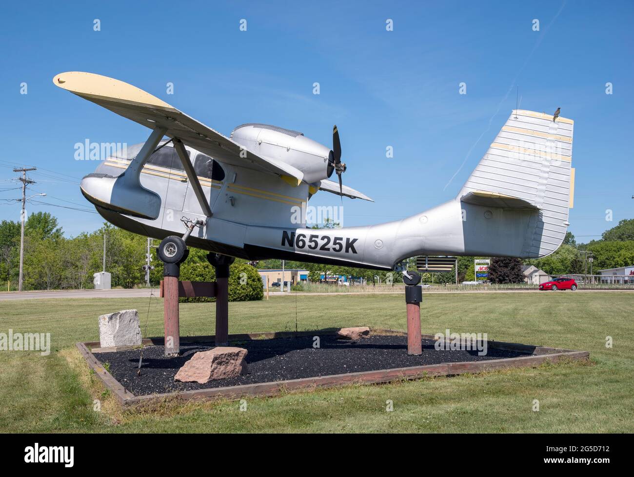 Wasserflugzeug, Amphibienflugzeug, Republic Aviation RC-3 Seabee Nummer 791 auf dem Manitowoc, Wisconsin Airport ausgestellt. Stockfoto
