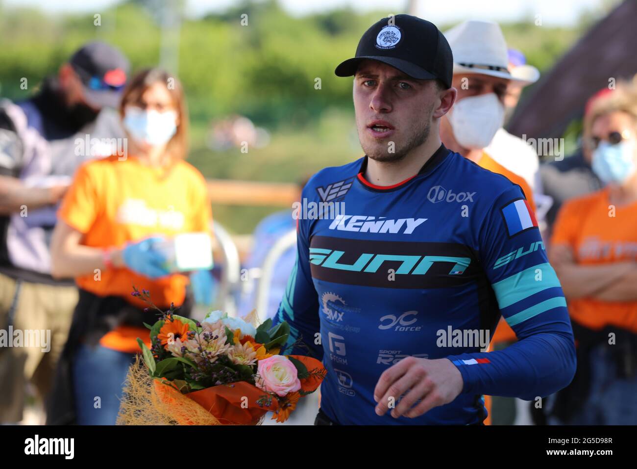 Arthur PILARD aus Frankreich enttäuschte, nachdem er am 8. Mai in der BMX Olympic Arena den zweiten Platz der Männer Elite UCI BMX Supercross Weltcup Runde 1 erreicht hatte Stockfoto