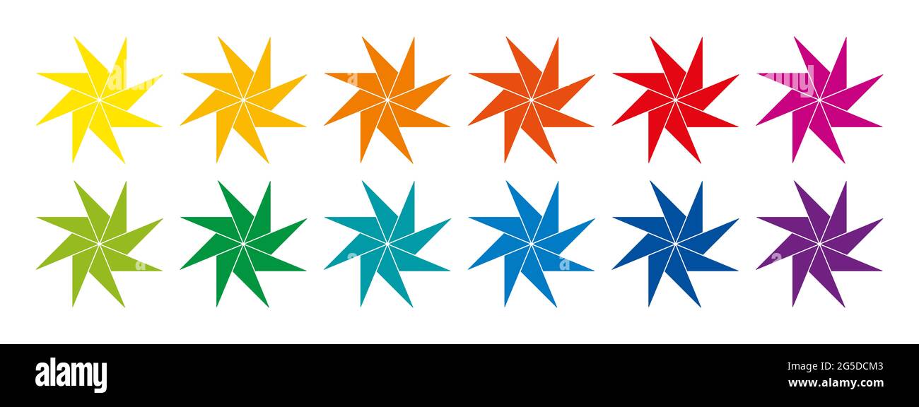 Regenbogenfarbene und pinwheel-förmige achtzackige Sterne. Zwölf geometrische Figuren, die den Eindruck einer Rotation erzeugen. Stockfoto
