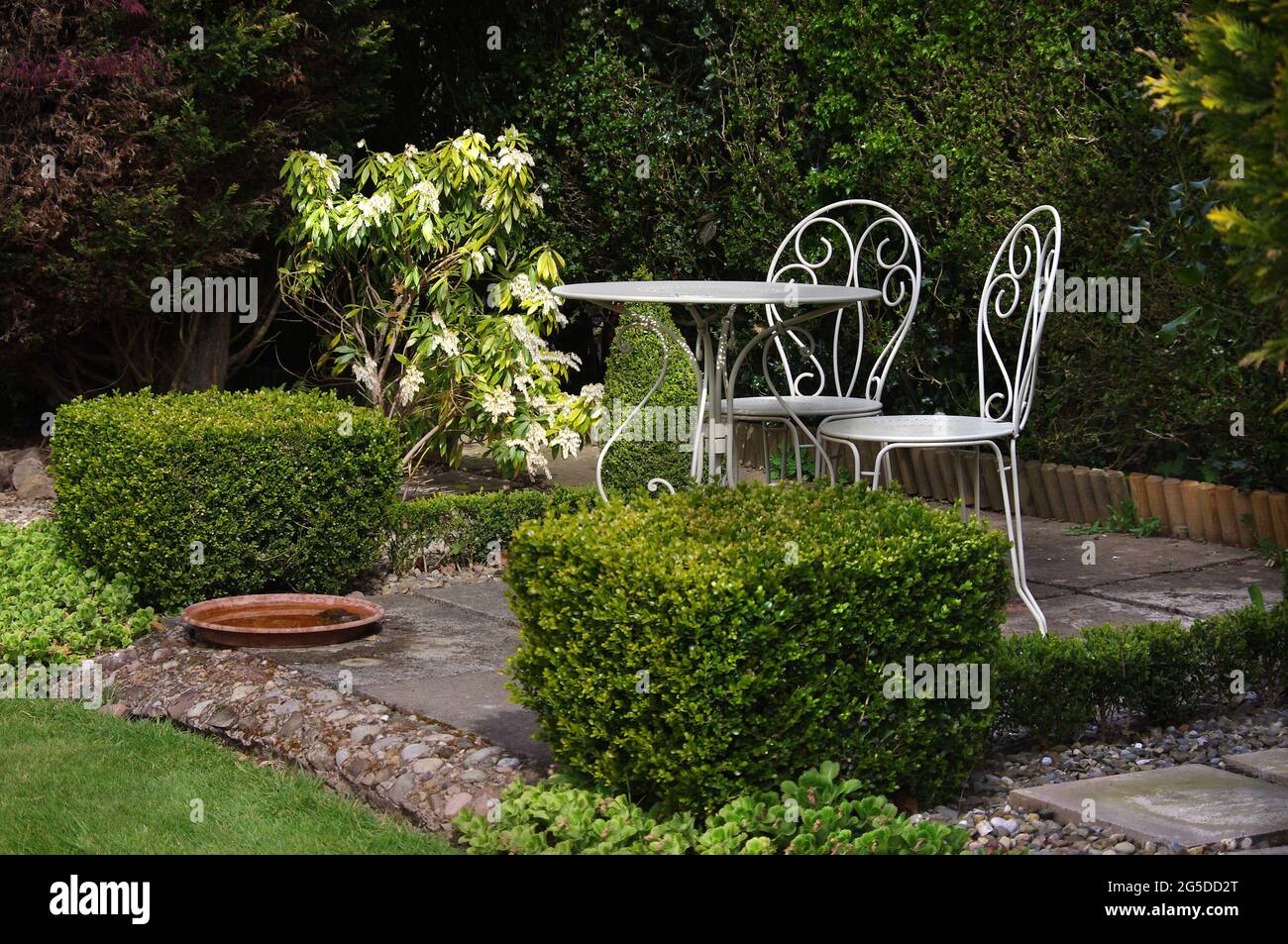 Weißer Gartentisch und Stühle mit Kastenhecken Stockfoto