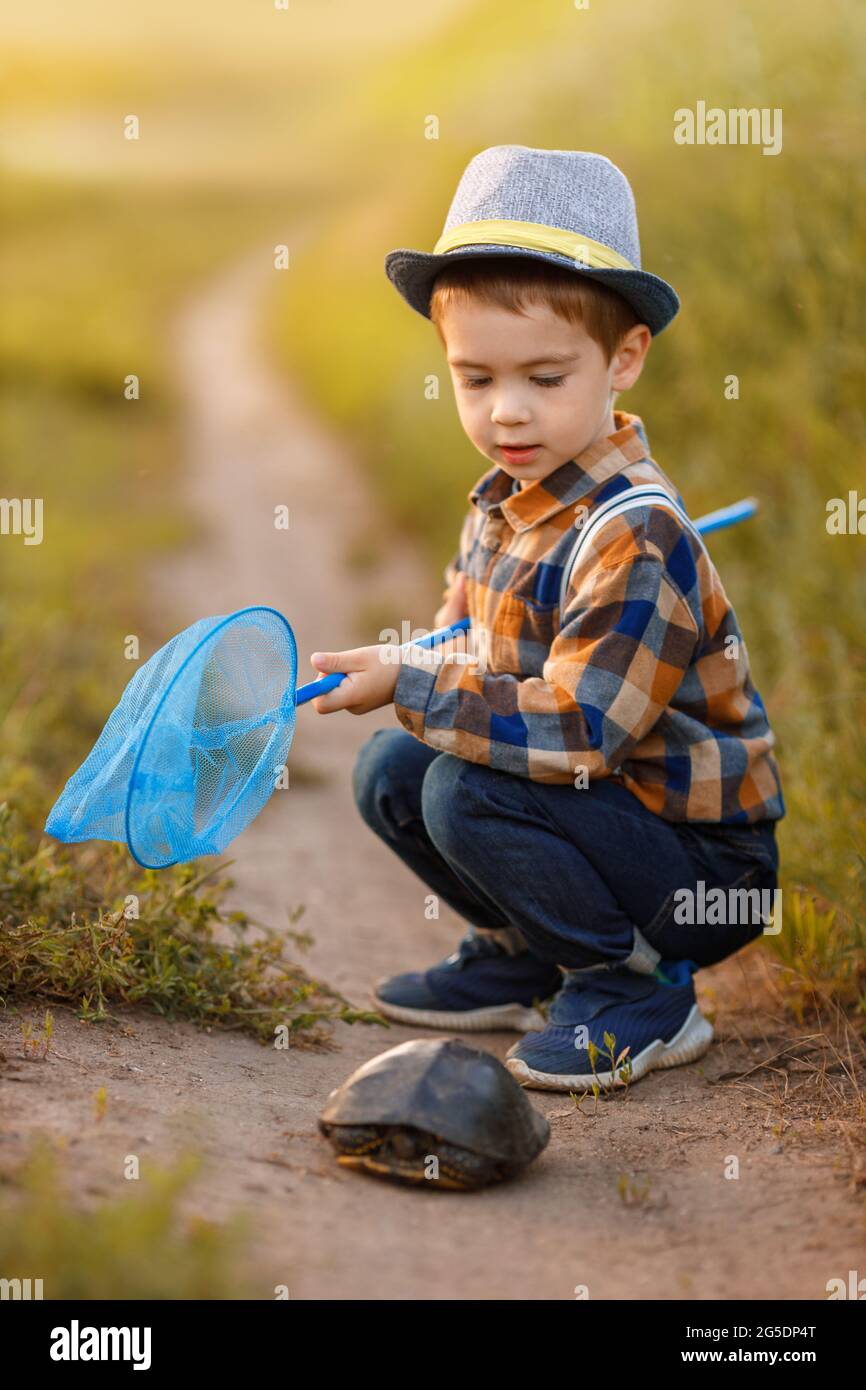 Kleiner Junge, der die Natur auf der Wiese erkundet Stockfoto