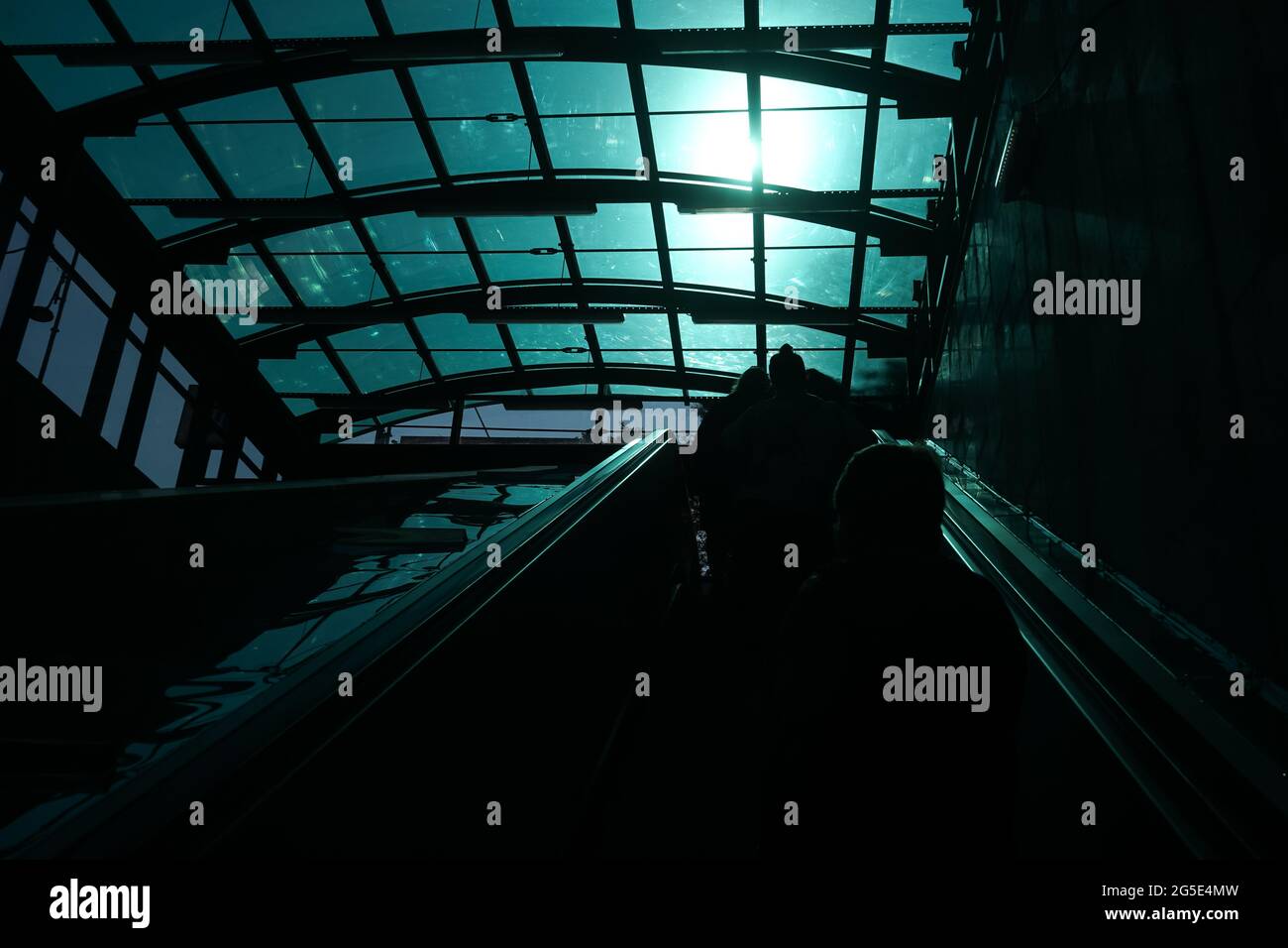 Bukarest, Rumänien - 22. Juni 2021: Die Reflexion des Lichts, das durch die verglaste Decke geht, leuchtet in starkem Kontrast auf der Rolltreppe am e Stockfoto