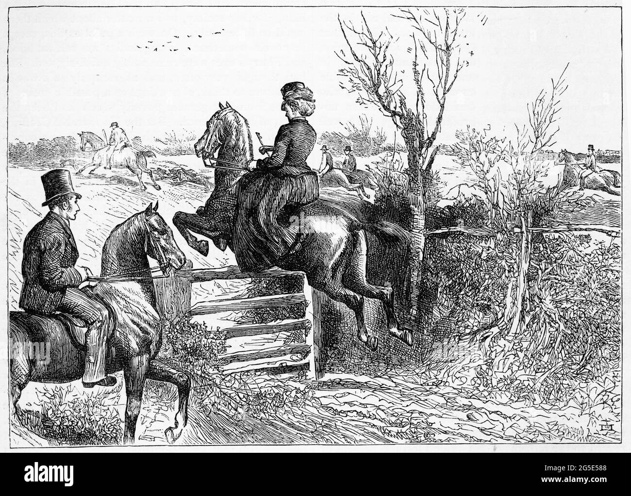 Gravur einer gut gekleideten Frau, die ihr Pferd über ein Tor springt, während sie sich auf eine englische Fuchsjagd einließ Stockfoto