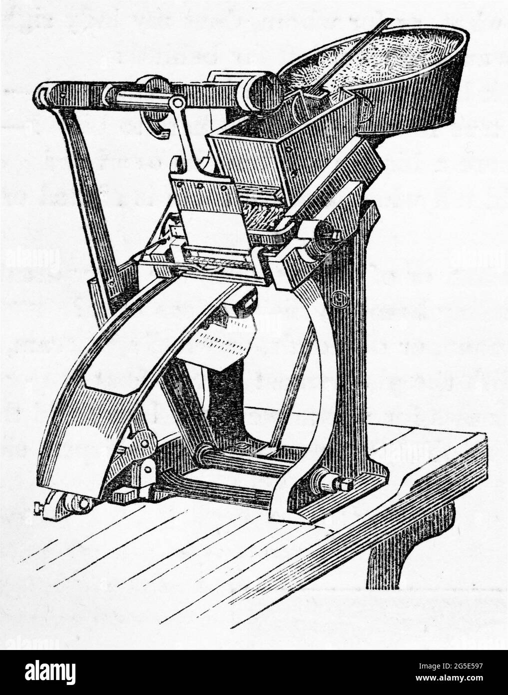 Gravur einer Pin-Kleben-Maschine aus der viktorianischen Zeit Stockfoto