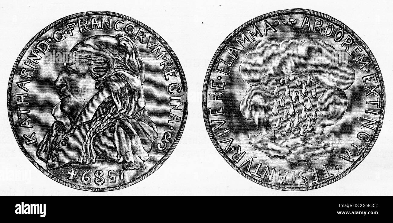 Eingravierte Abbildung einer Medaille mit Catherine de Medici zum Gedenken an das Massaker des hl. Bartholemäus. Stockfoto