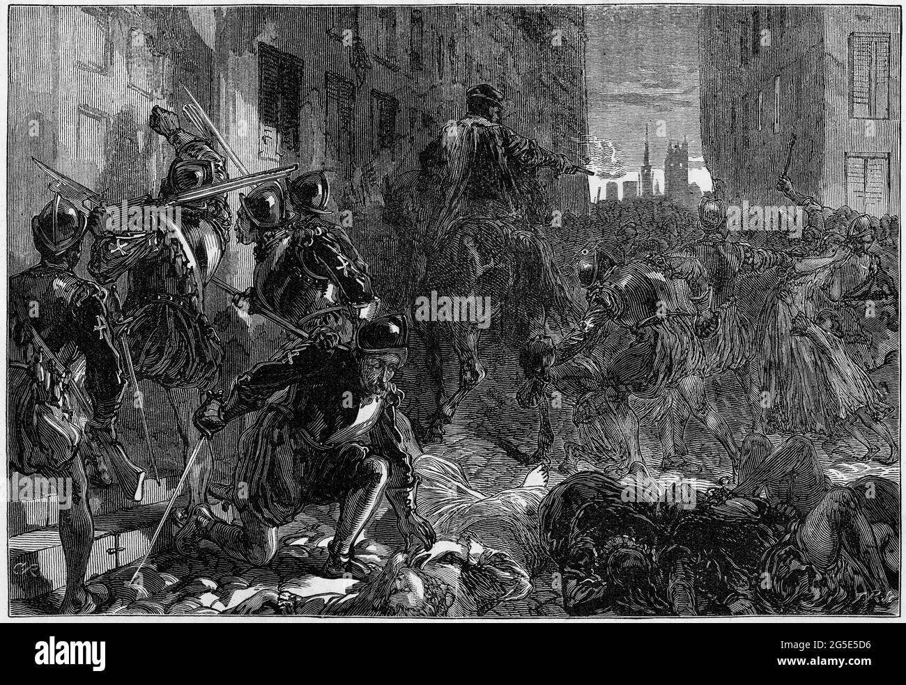 Gravur des Massakers zum St. Bartholemäus-Tag, als sich Katholiken gegen ihre Hugeunot-Nachbarn in Frankreich erhoben. Stockfoto