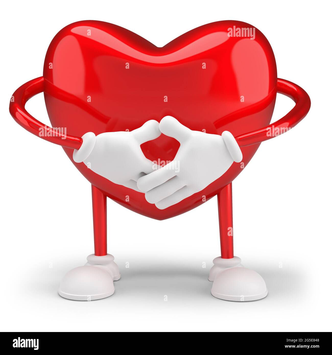 Roter Herzcharakter mit Händen und Beinen isoliert auf weißem Hintergrund. 3d-Rendering. Stockfoto