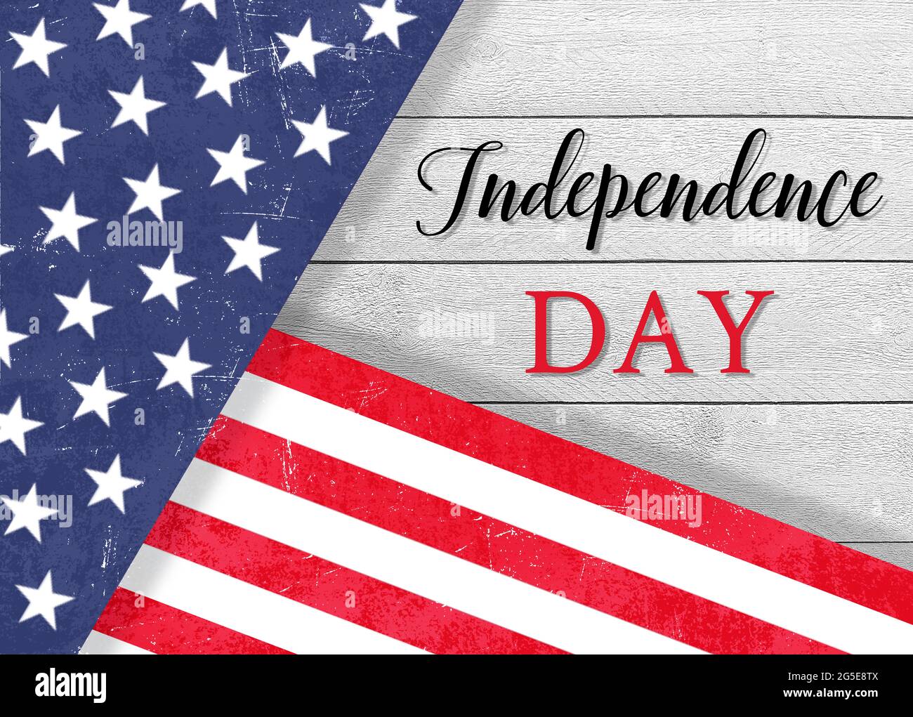 US 4. Juli Unabhängigkeitstag Feier Hintergrund Banner oder Grußkarte, mit Text und USA Flagge Elemente auf Holzplanken Hintergrund. Stockfoto