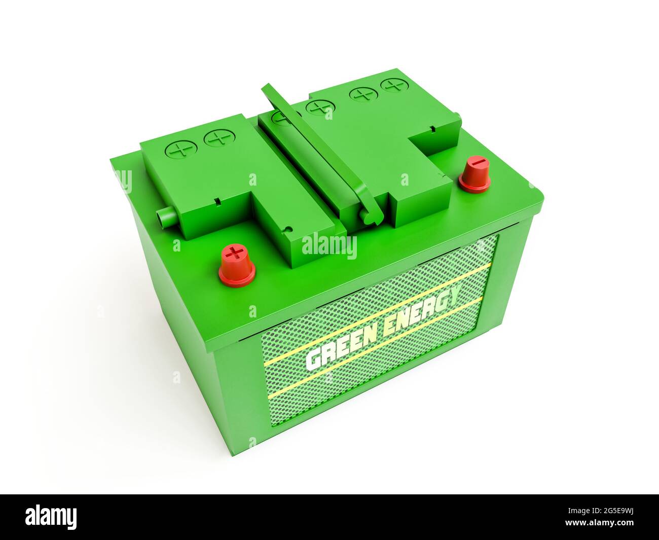 3D-Rendering der neuen 12-V-Autobatterie mit gefälschtem Green Energy-Logo auf weißem Hintergrund Stockfoto