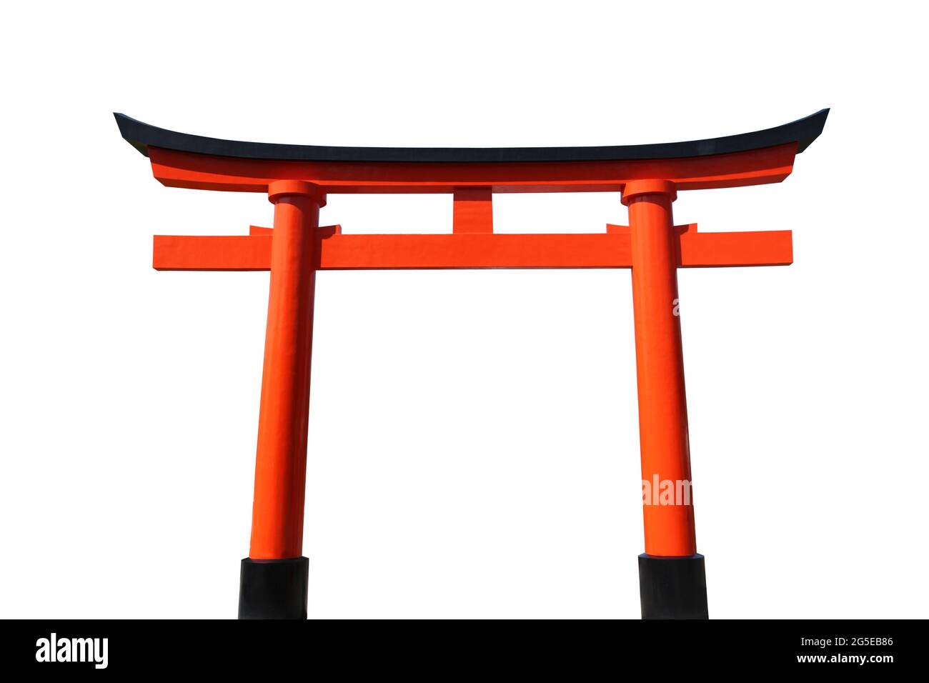 Ein orangefarbenes und schwarzes japanisches Tori-Tor, isoliert auf Weiß. Stockfoto