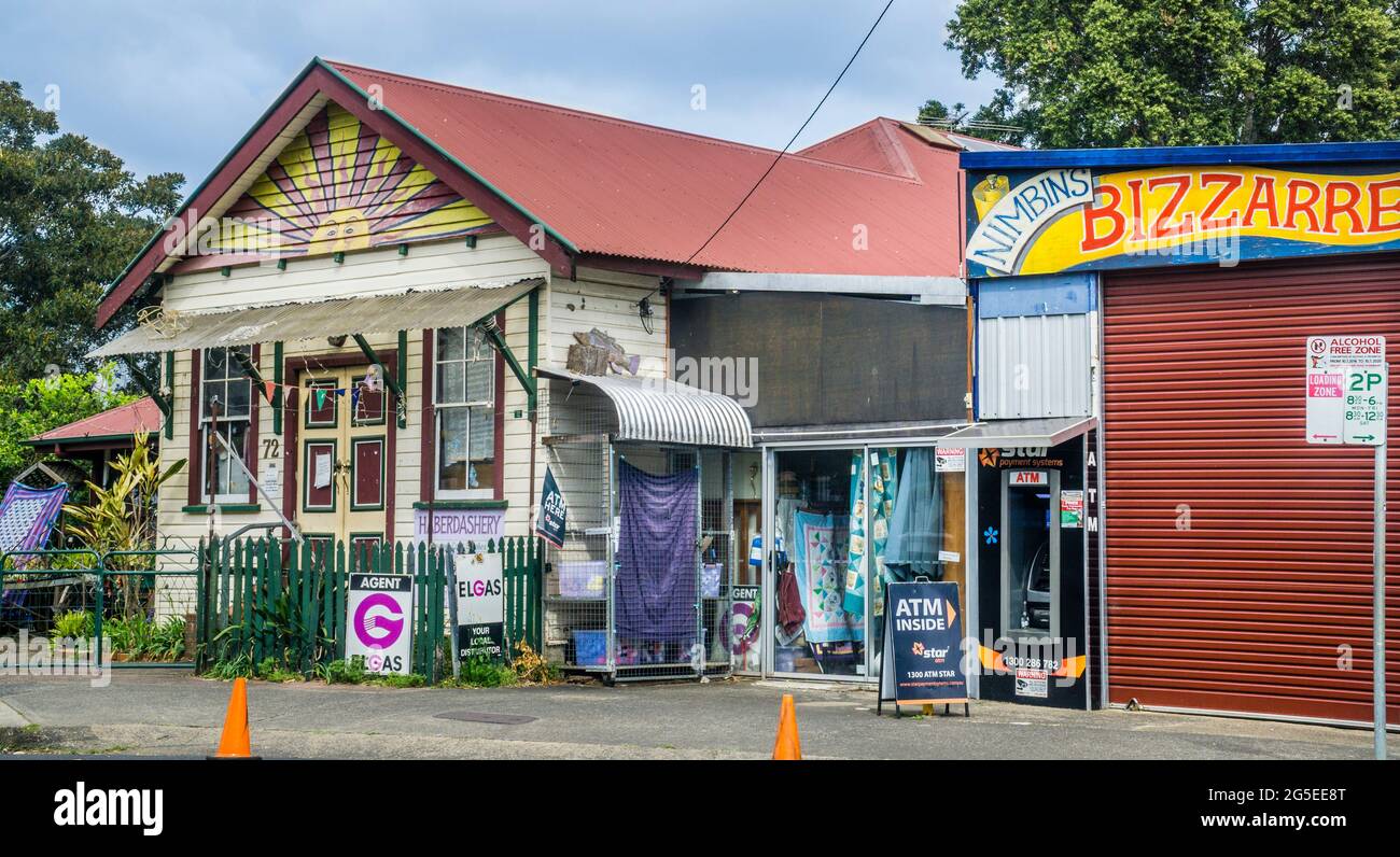 Ladenfront von Numbin Haberdaschery, Nimbin, Northern riens Area, New South Wales, Australien Stockfoto